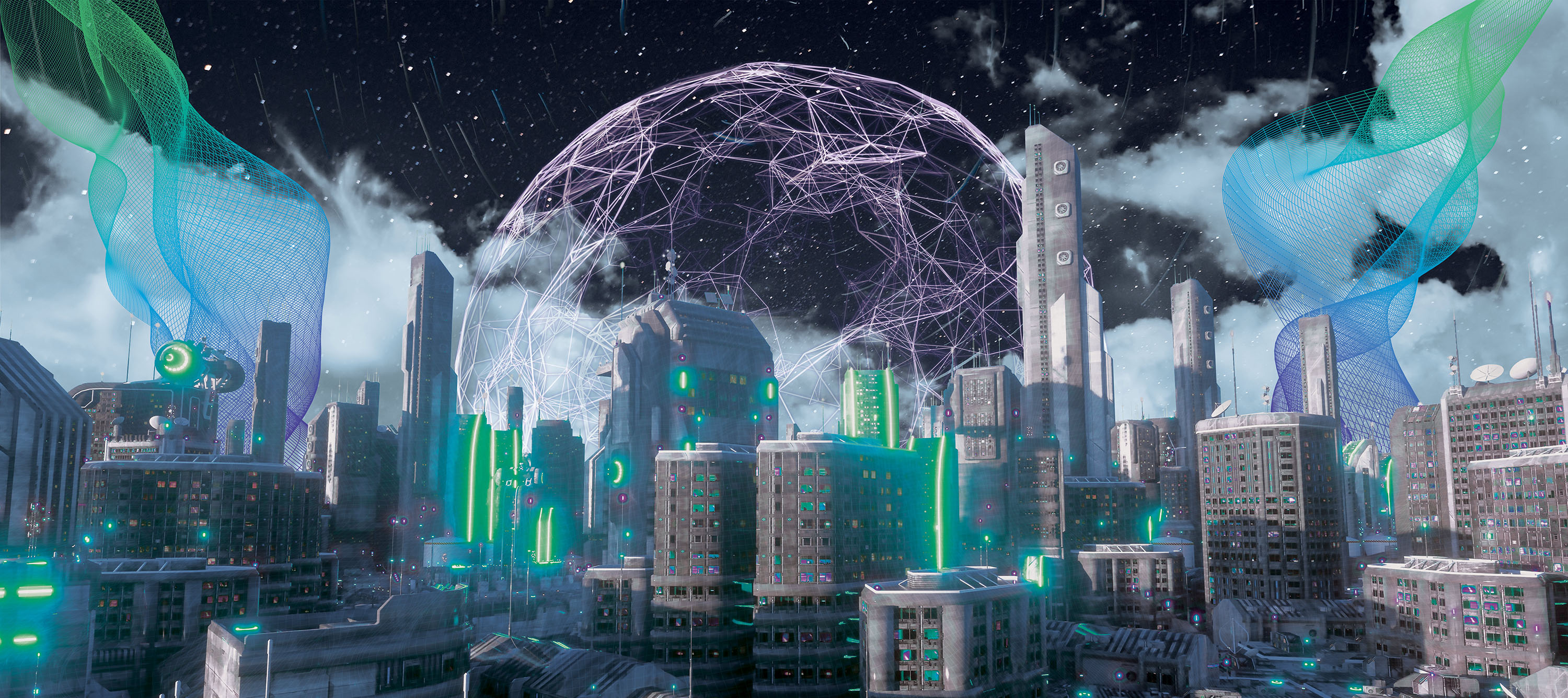 A futuristic nighttime cityscape.