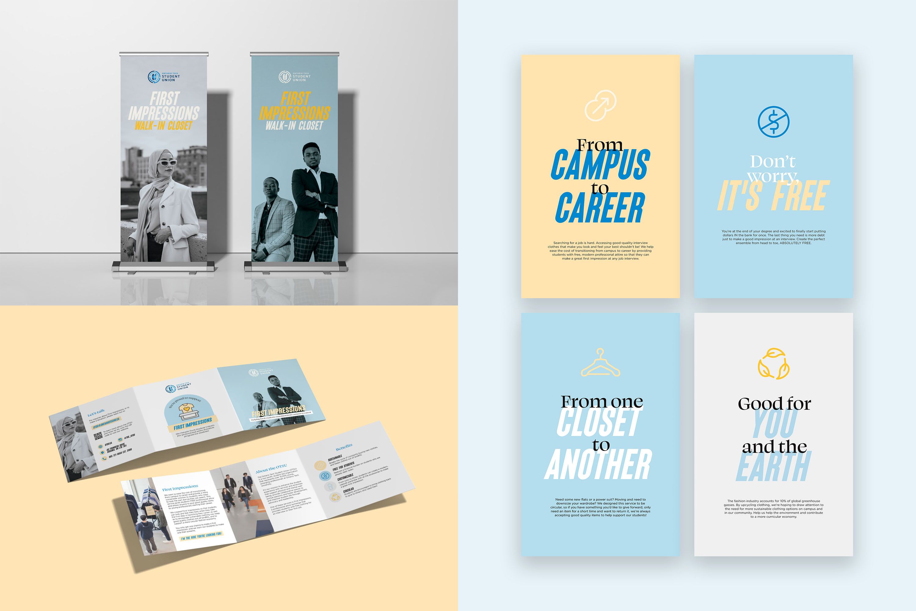 Examples of the First Impressions Walk-in Closet branding in context; banner stands, donor brochure, and posters.