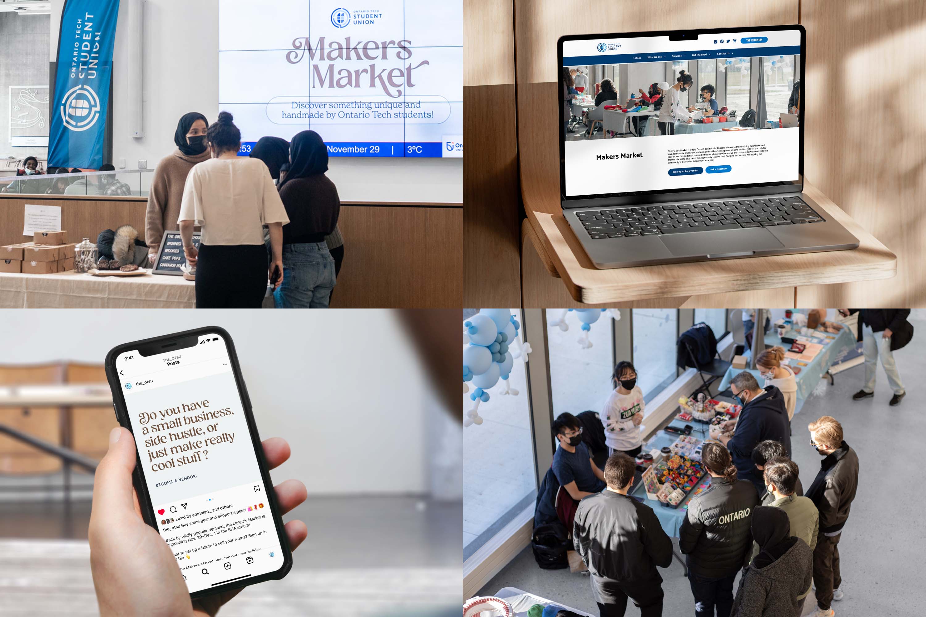 Examples of the Makers Market branding in context; digital signage at the event, on the OTSU website, social media, and the decor at event itself.