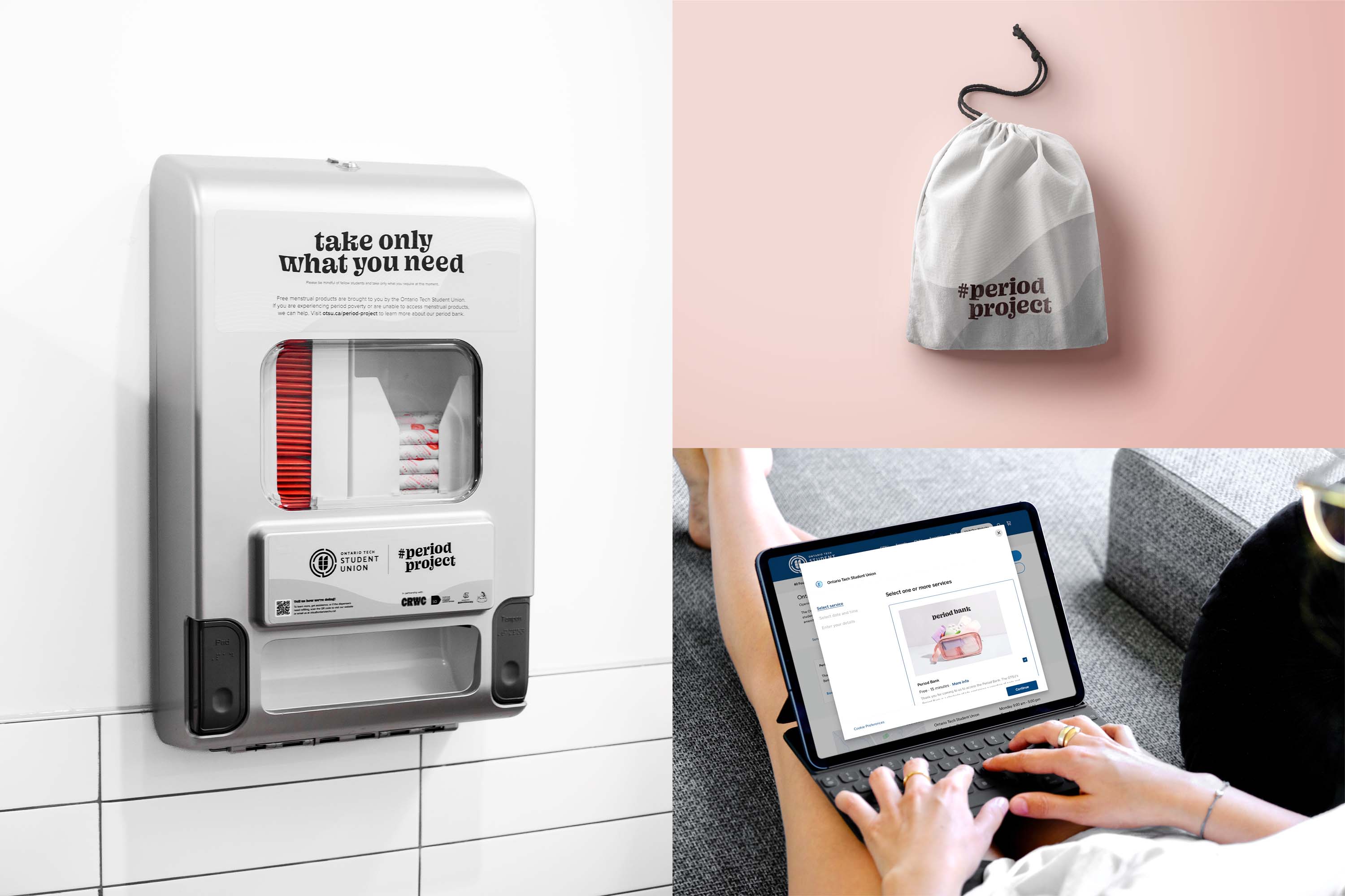 Examples of the First Impressions Walk-in Closet branding in context; decal dispensers, period kit bag, and period bank appointment bookings.
