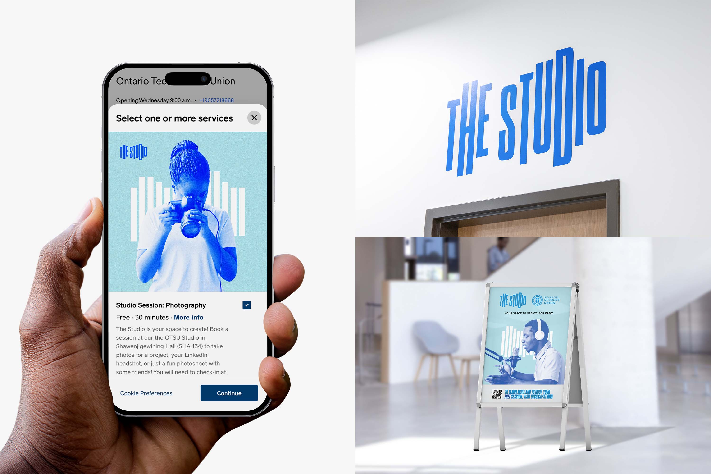 Examples of the Studio's branding in context; an appointment booking, the decal
above the Studio's door, and an a-frame.