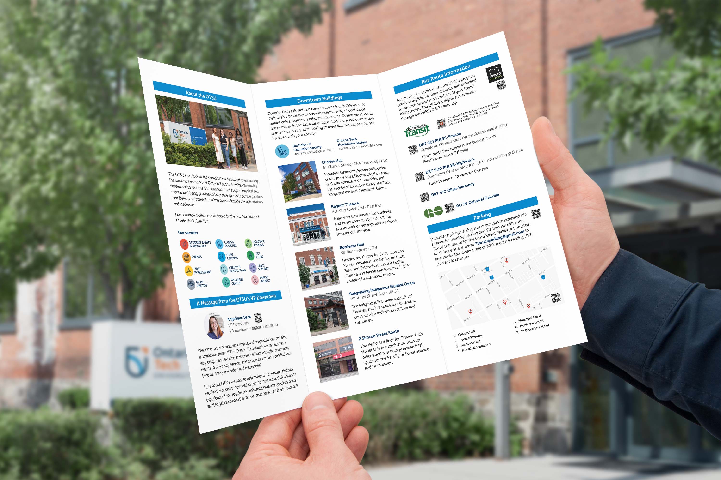 Spreads of the front and back of the OTSU downtown resource guide.