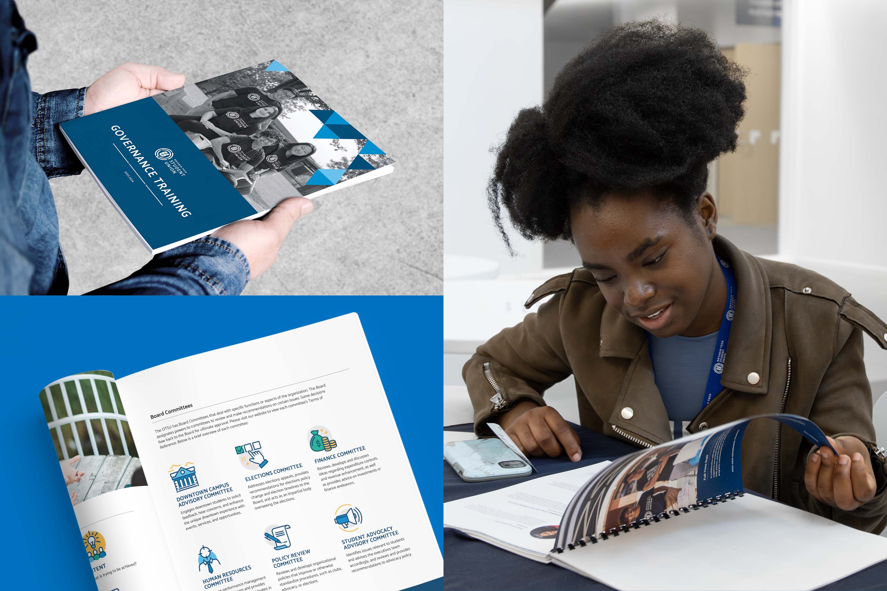 Cover for the inaugural governance training booklet, a feature page, and a student executive browsing it.