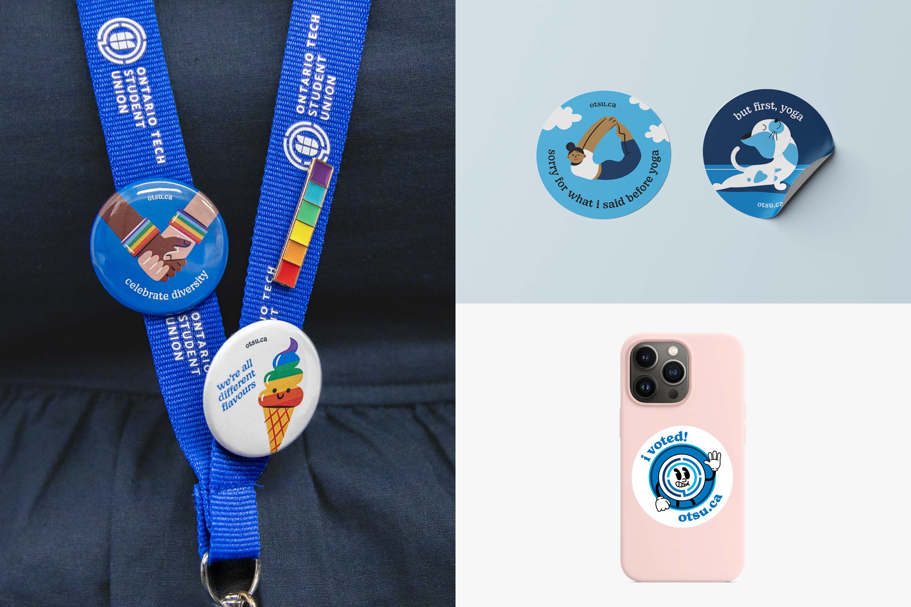 Pride buttons, yoga stickers, and an 'I voted' sticker made for the elections, featuring Otty.