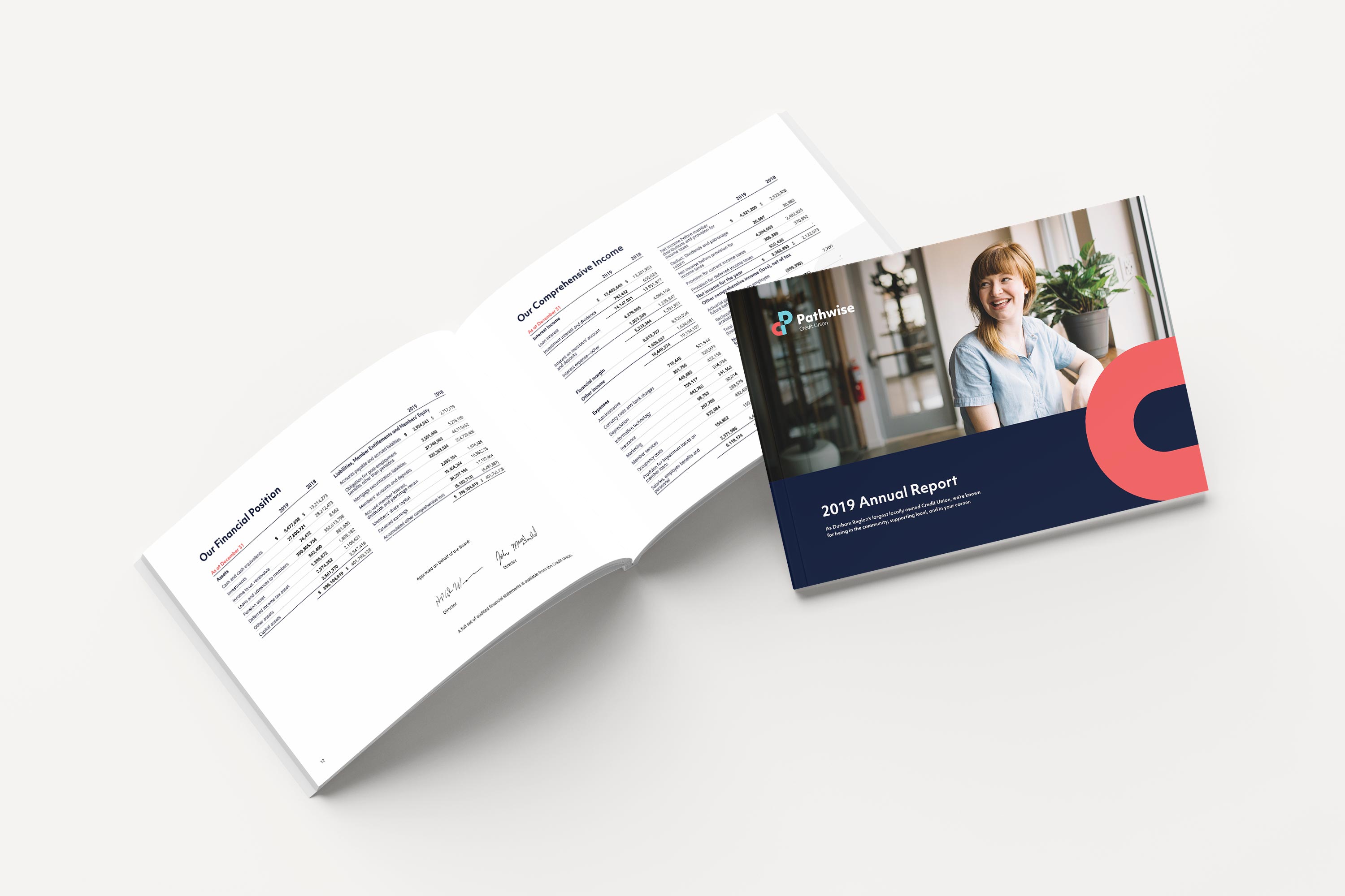 Pathwise's 2019 annual report, featuring the cover and a spread of their financial position.