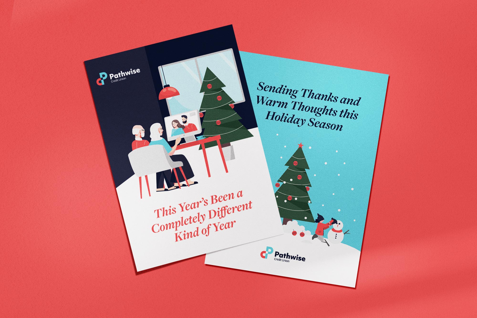Two holiday cards with graphic illustrations against a bright red background.
