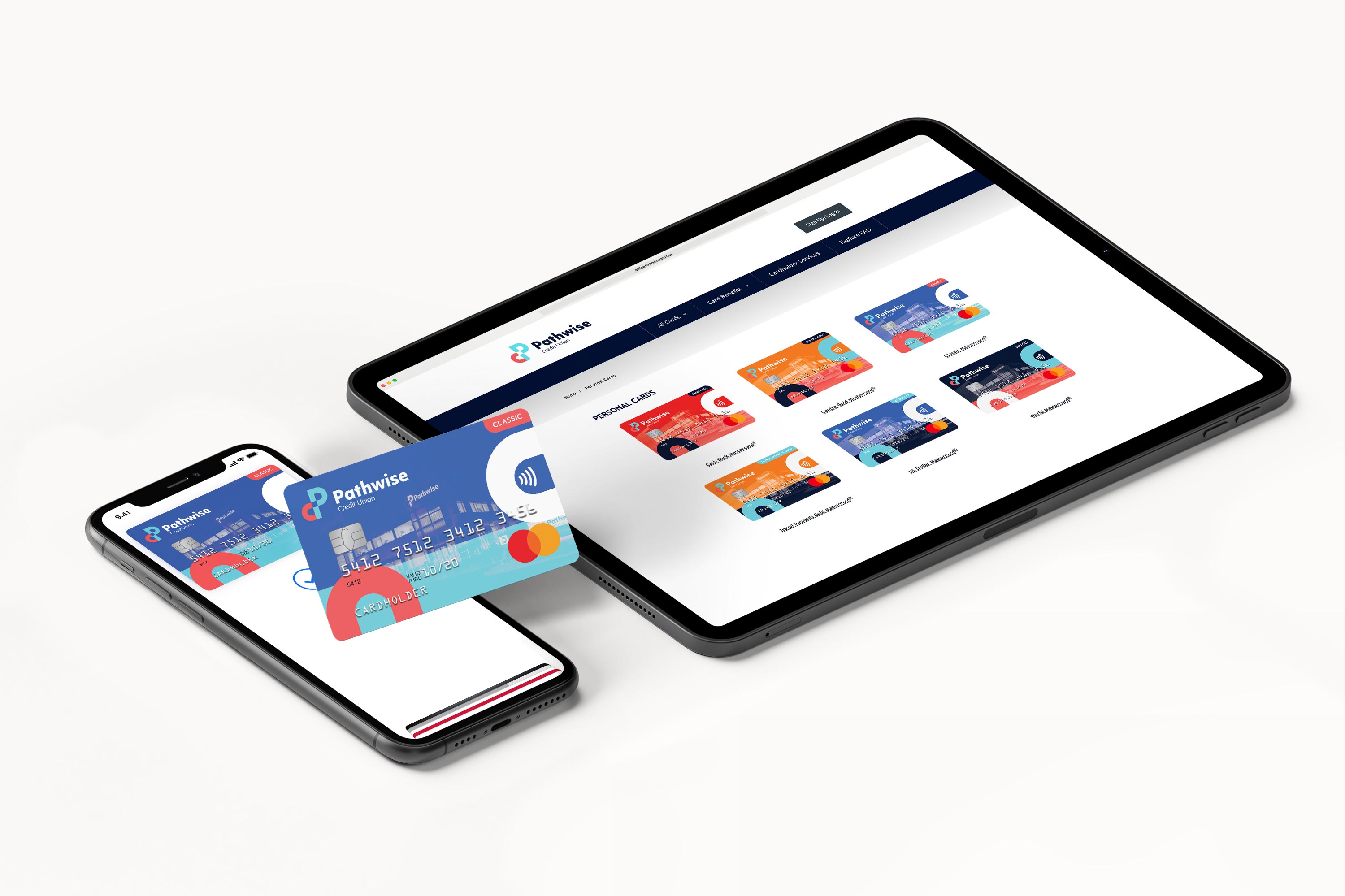 The physical credit card is shown beside the digital version in Apple's Wallet app, on an iPhone X. Beside it is an iPad Pro displaying the website with the different credit cards they offer.