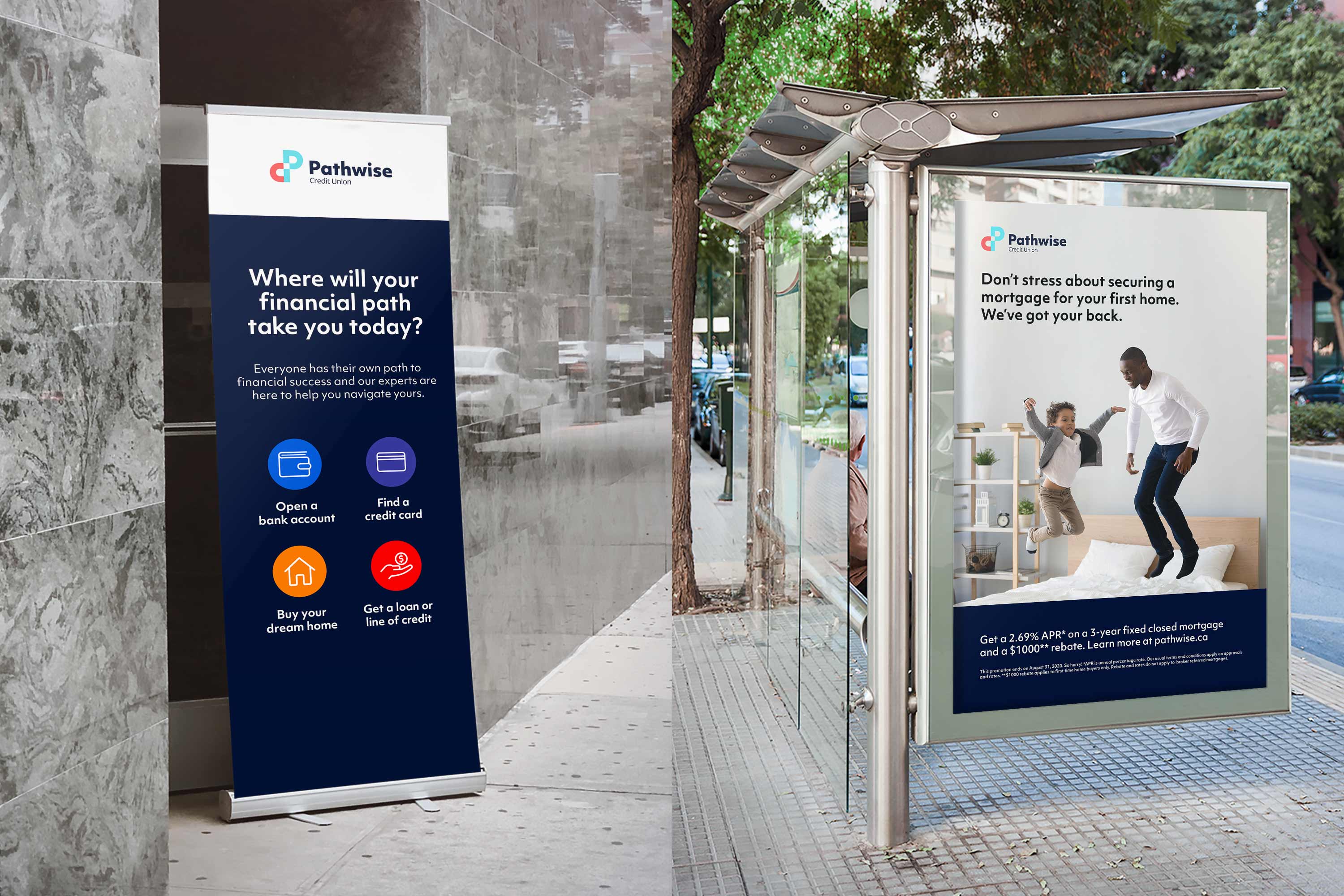 OOH (out of home) advertising, featuring a standing banner that displays their services, and a bus stop ad for a mortgage promotion.
