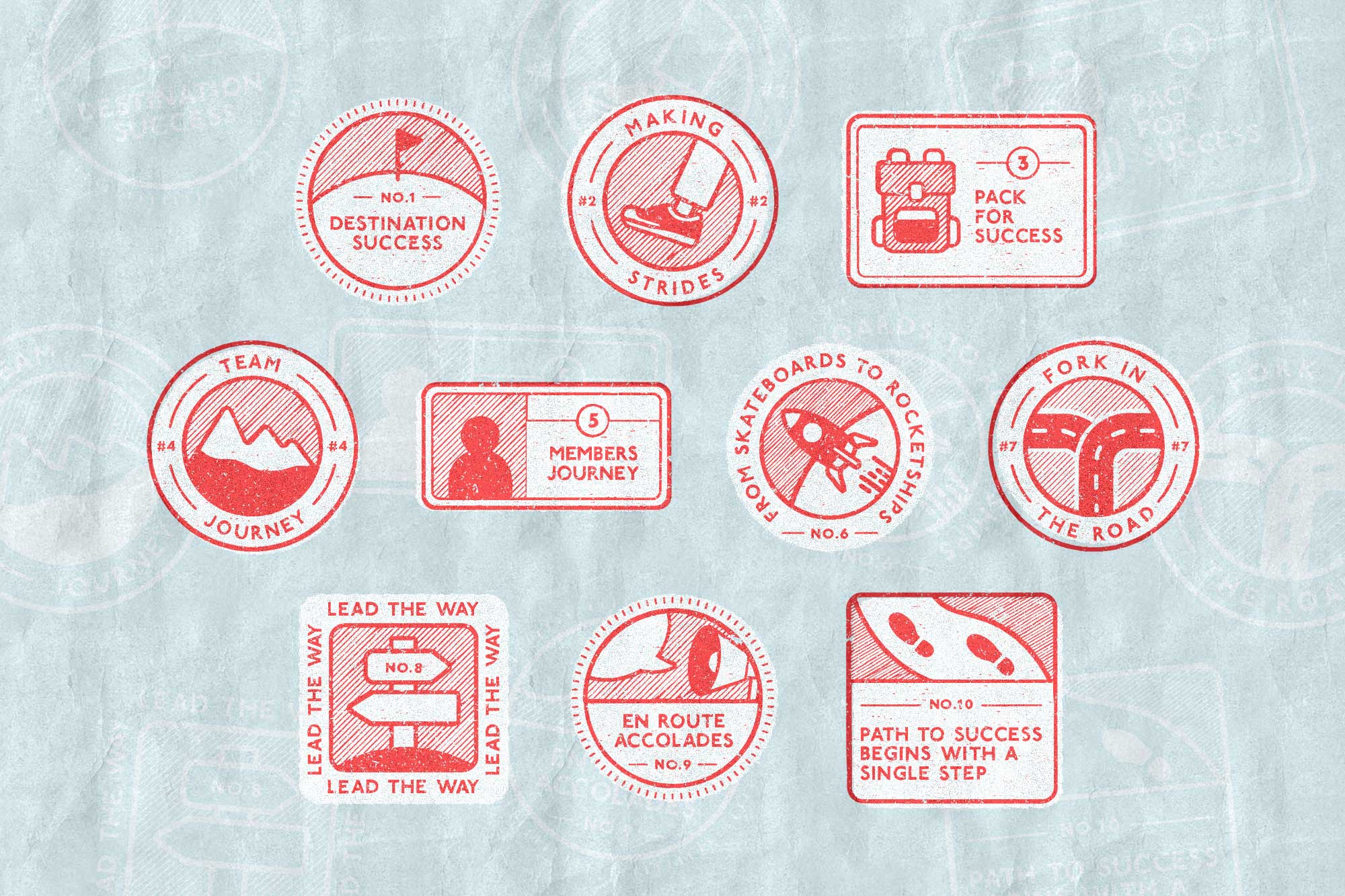 The ten stamps created for the Pathwise Passport. Each stamp contains a text slogan and a graphic that illustrates the slogan.