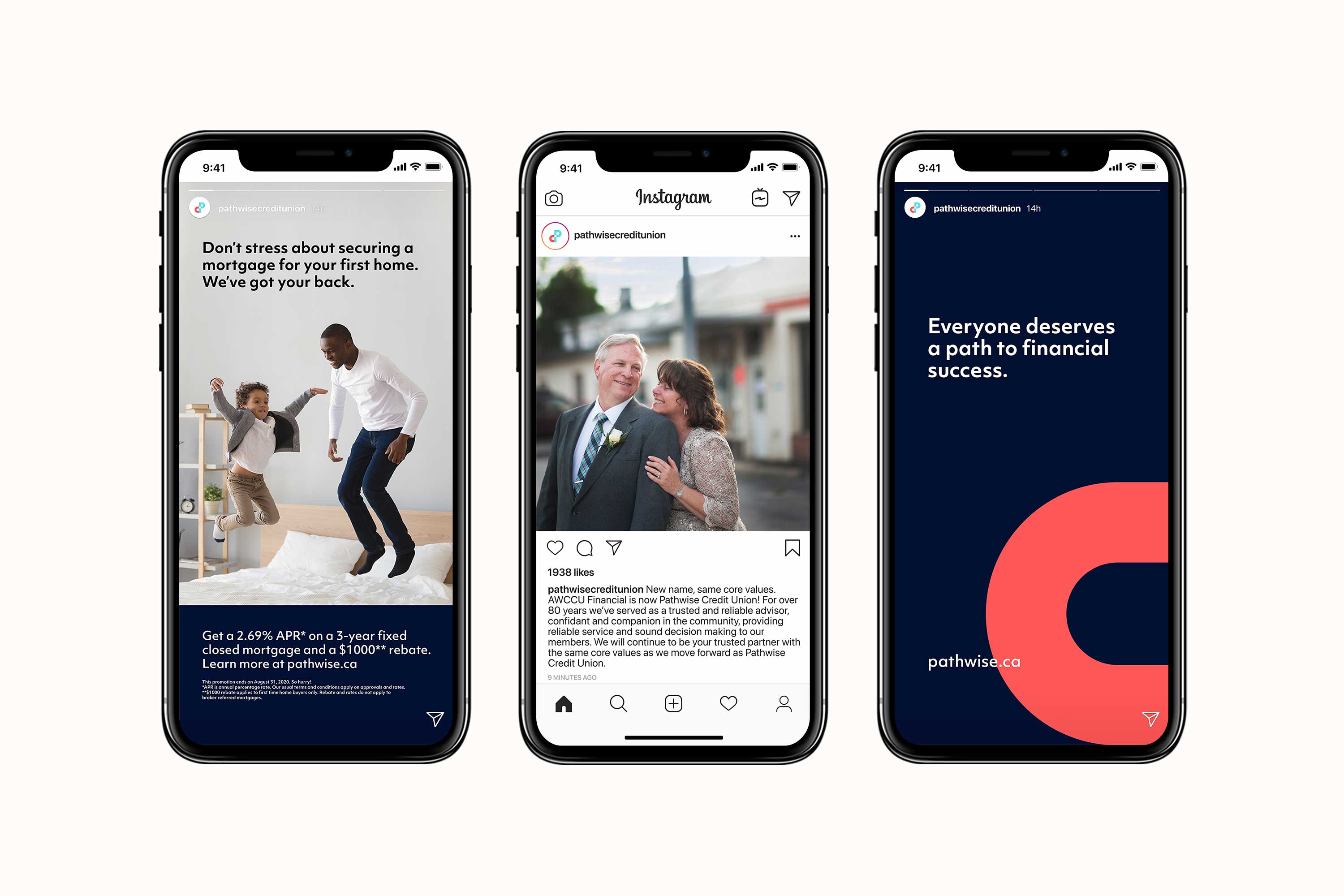 Three examples of Instagram content on an iPhone X. It features a story of an ad, a photo post, and another story with their branding.