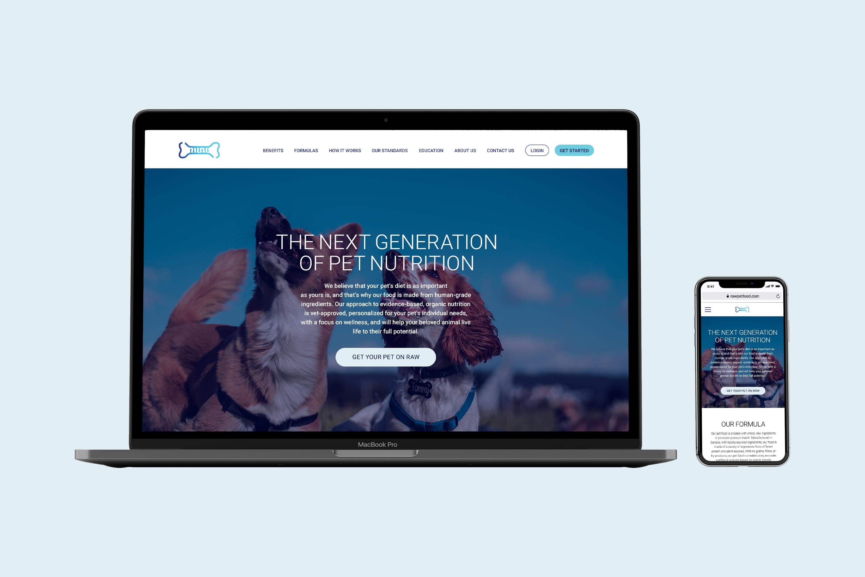 Comparison of the website's homepage on a 16-inch Macbook and an iPhone X.